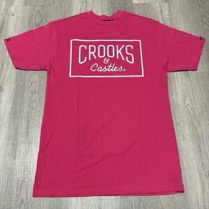 Crooks & Castles T-Shirt Men's Medium Hot Pink Graphic Tee Streetwear Logo Shirt